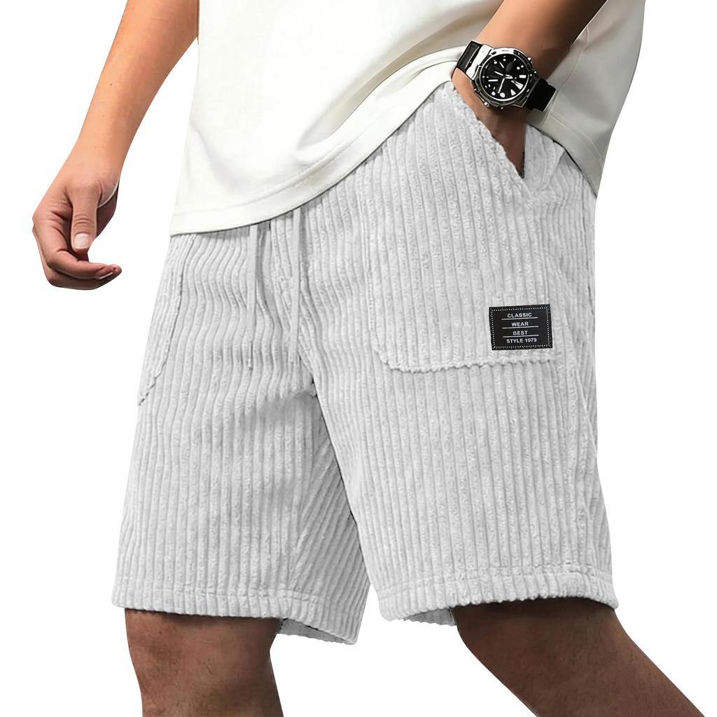 Men Corduroy Shorts Casual Loose Fit Elastic Waistband Drawstring Ribbed Texture Patch Pocket Design Summer Wear