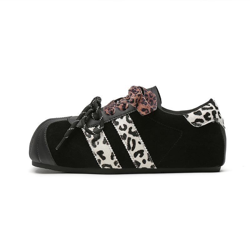 2025 Casual Four Seasons Heightening Retro Leopard Print New Suede Round Head Ugly Cute Contrasting Color Sports Women's Shoes