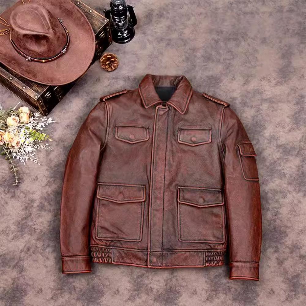 Chinese Size Brown Real Cowhide Hunting Leather Jacket Men Genuine Leather Coat Winter Pockets Jackets
