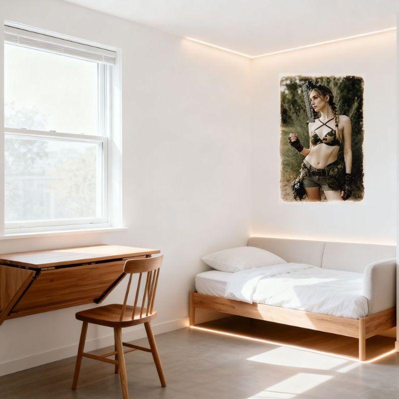 Sexy Blonde Braid Woman Vintage Outdoor Military-Inspired Camouflage Tin Sign for Bar Home Wall Decor Metal Poster 8x12 Inch