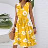 Abito Midi da Donna Casual Primaverile Estivo con Scollo a V Senza Maniche in Vita con Stampa Floreale