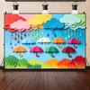 Fondo de banner con tema de gotas de lluvia y paraguas 3D, accesorios para sesión de fotos en estudio, póster de jardín de infantes, accesorios para fiesta de cumpleaños infantil