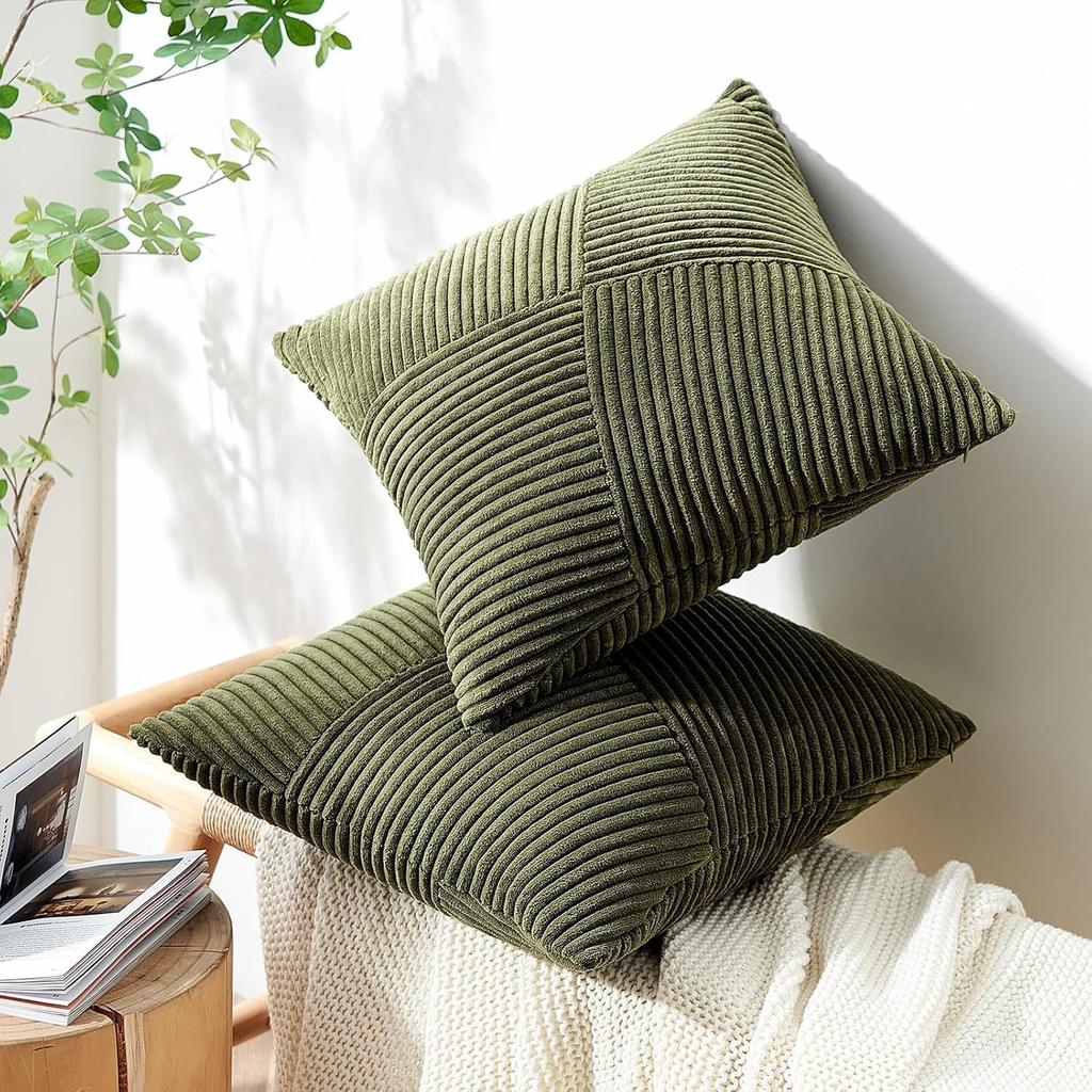 2pcs Bohemian Style Corduroy Throw Pillow Covers, Soft Striped Patchwork Design, Zippered Polyester Square Cushion Cases for Sofa, Bed