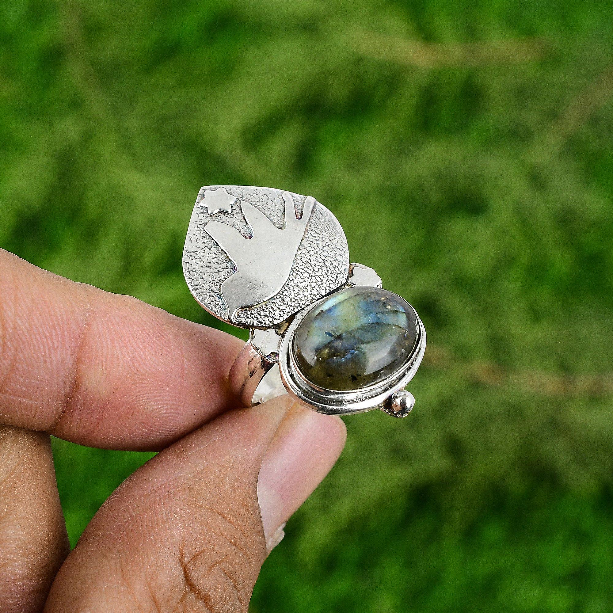 

Womens day Sale 925 Silver Oval Labradorite Stone Stackable Promise Bird Ring Adjustable