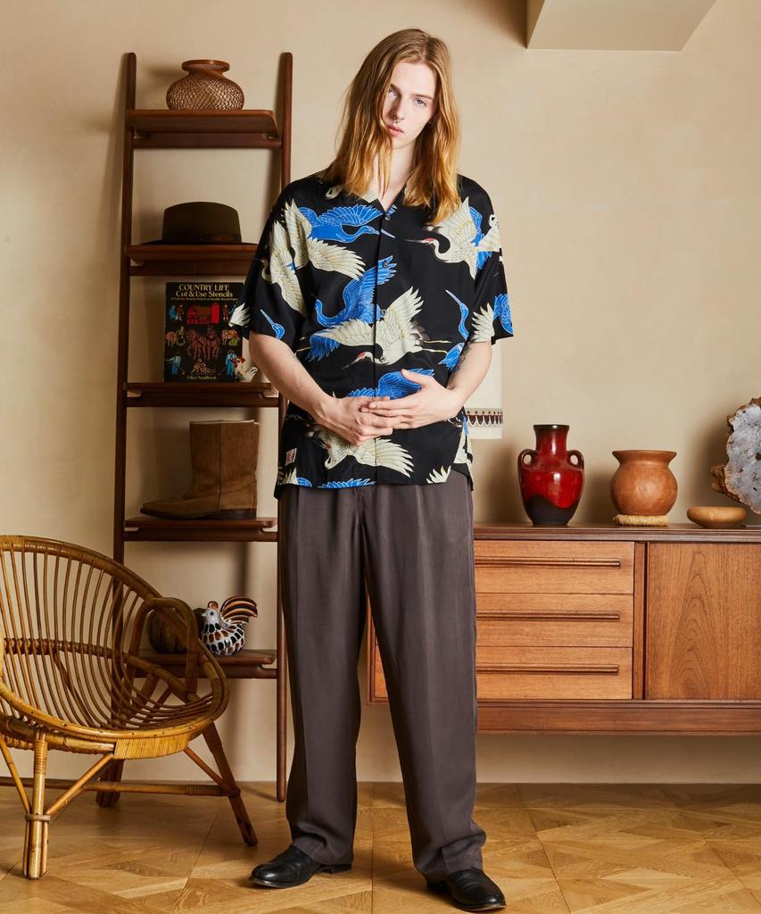 Schott X PJ X Pineapple Juice RAYON SHIRT CRANE Men's Rayon Shirt, Size 2XL, 010, Black, 782-5123018