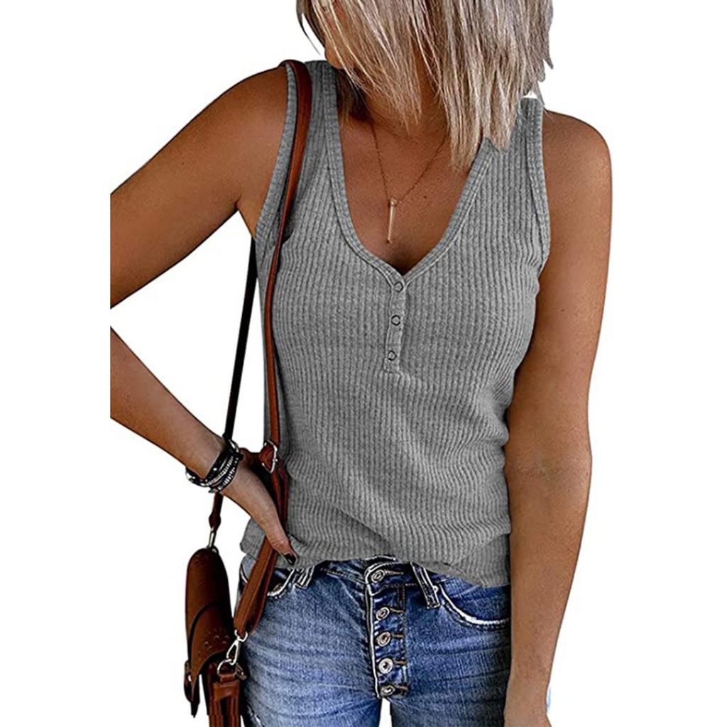Summer New Solid Color V-neck Button Front Knit Tank Top, Women's Sleeveless Casual Top for European American