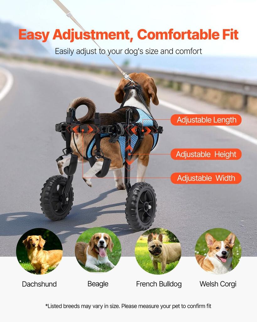 Silla de ruedas para perros de patas traseras, Silla de ruedas ajustable de 2 ruedas para mascotas, Carrito ligero para perros con ruedas amortiguadoras, Silla de ruedas de soporte de movilidad para