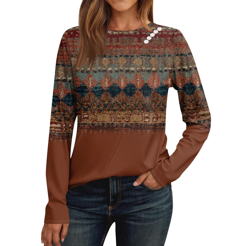 Women's Loose Casual Long Sleeve Top Round Neck Button Pull Stripe Prints T Shirt