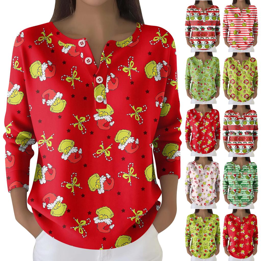 Damemote langermet juletopp med snøfnuggtrykk Elegant avslappet topp