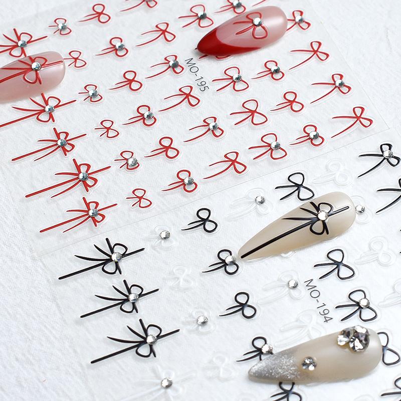 Black White Red Bowknot Nail Sticker Glue Crystal Diamond Adhesive Nail Art Decorations Girls Nail Decals Design