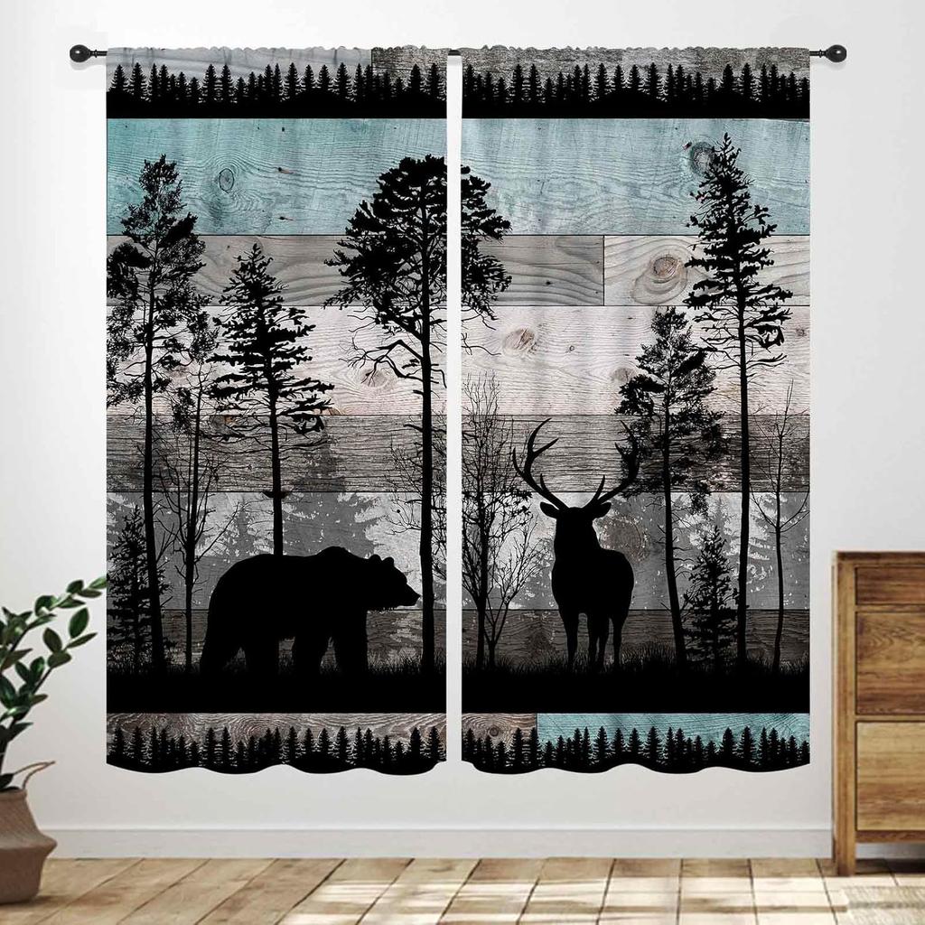 Rustic Deer Curtains,Farmhouse Cabin Lodge Country Forest Hunting Wild Animal Vintage Elk Window Treatments Drapes for Bedroom