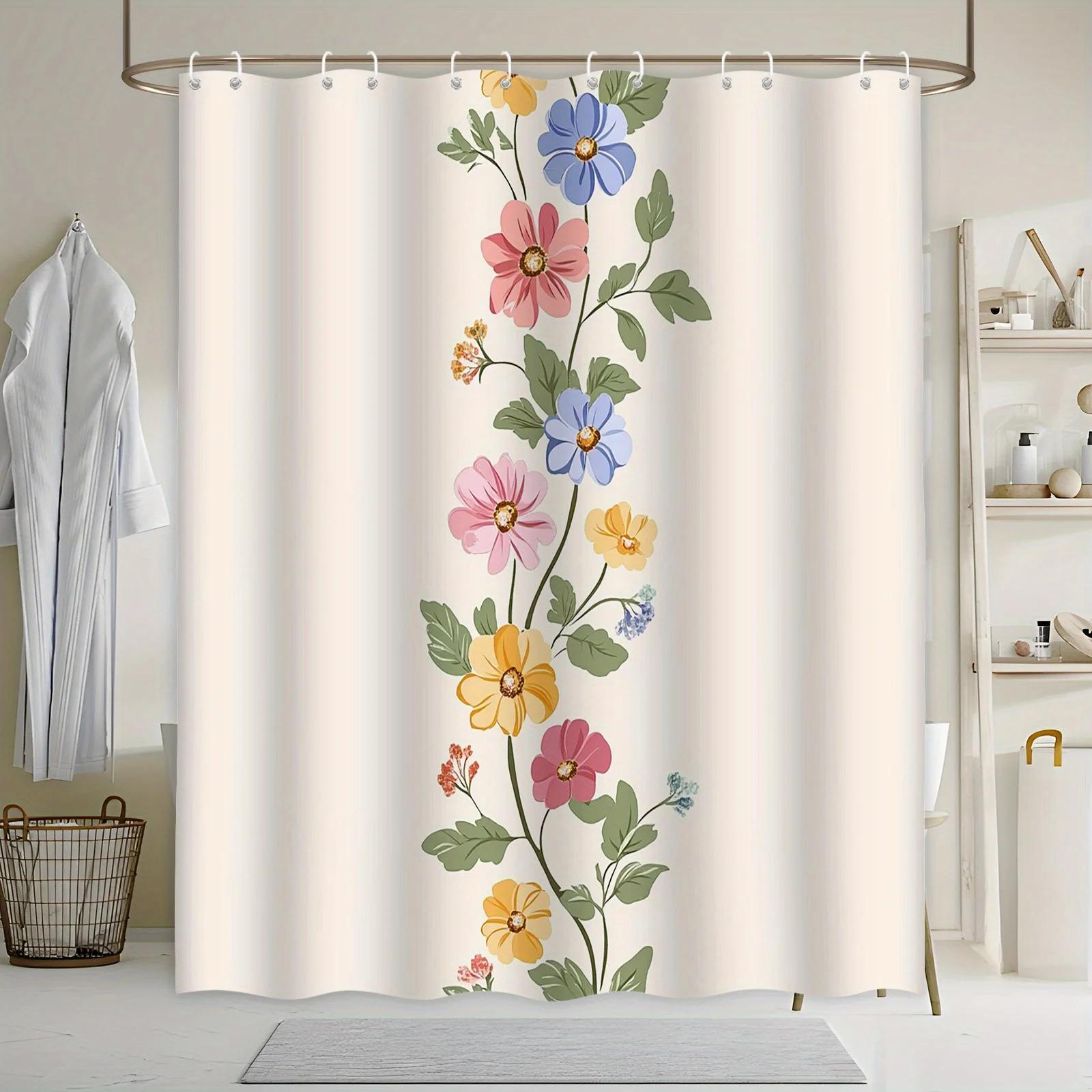 Vintage Elegant Shower Curtain - Vibrant Floral Print, Yellow Pink Blue Red Blooms, Green Leaves W90xH180cm