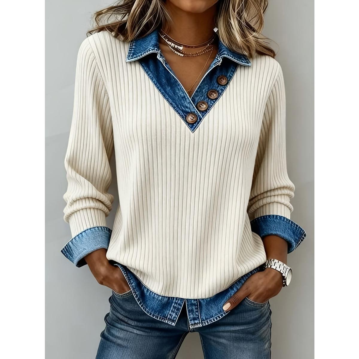 Women s Fake Two-piece Ribbed Knit Top Denim Collar Splice V-neck Long Sleeve Casual Blouse S абрикосовый