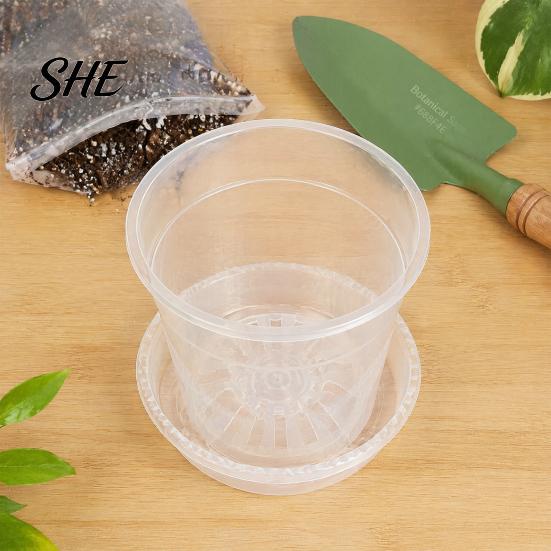 Indoor Garden Flower Planters Clear Plastic Orchid Pot with Saucer, Plant Ventilated Pots for Succulents Drainage Holes, Rose, Phalaenopsis, Seedings