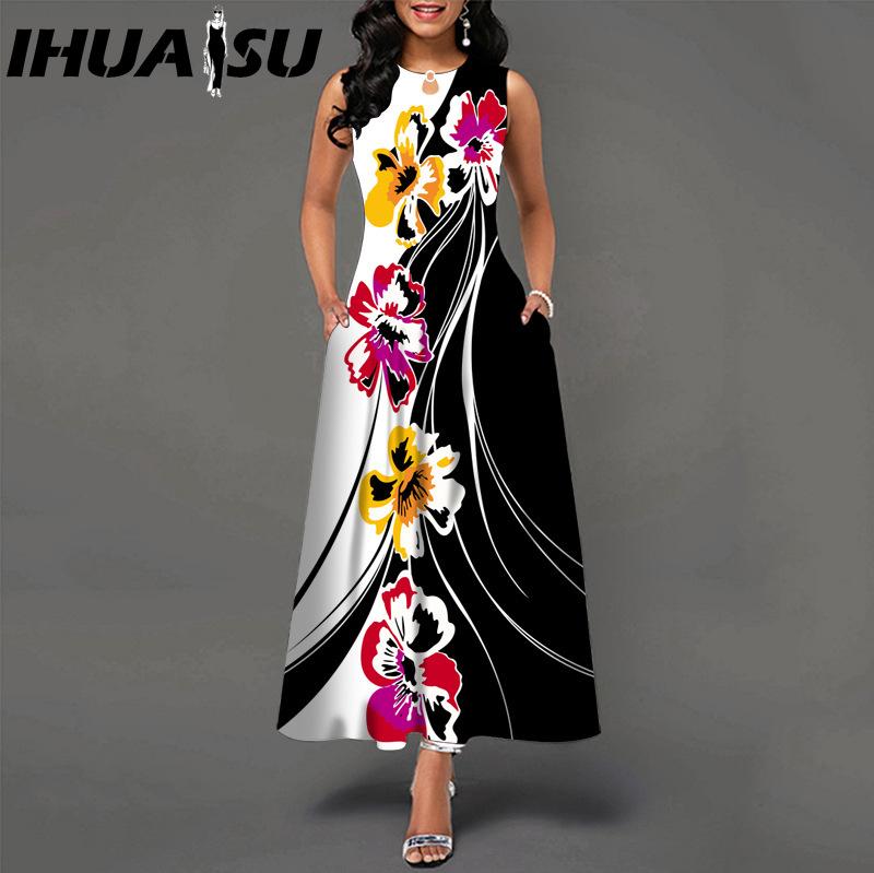 

IHUASU 48 цветов Новое женское свободное винтажное платье с цветочным принтом и оборками Платье Befree Большие летние вечеринки Майки Элегантные платья макси XL