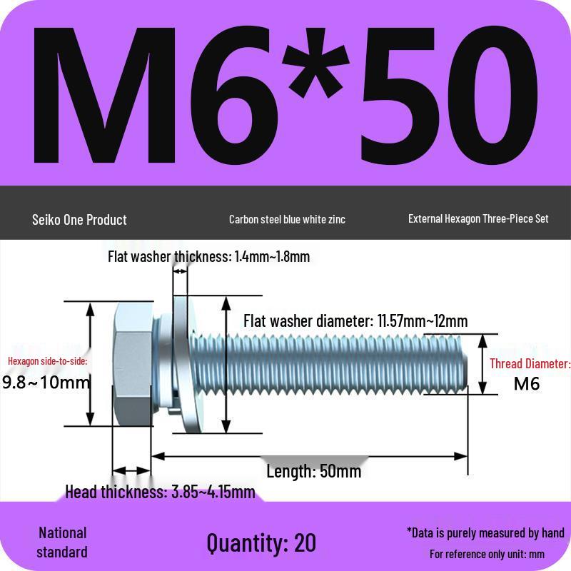 Grade 8.8 Galvanized Hex Bolt Set: Includes Hex Bolt, Spring Washer, Flat Washer (Sizes: M4, M5, M6, M8, M10, M12)