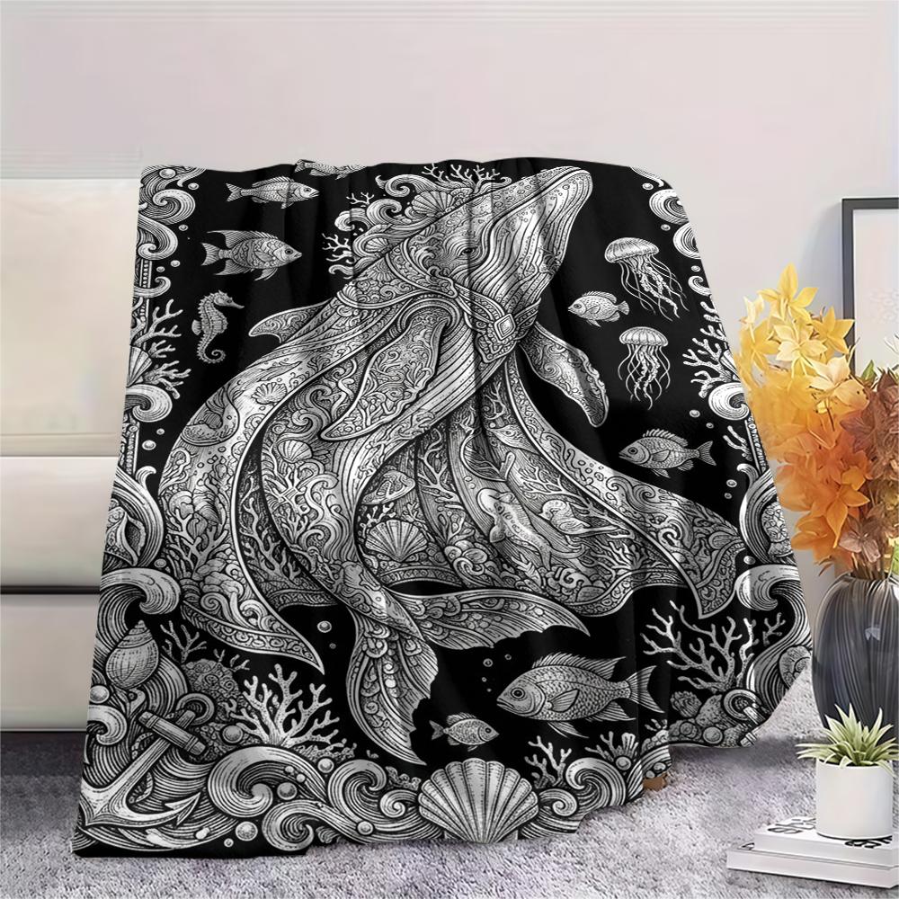 1Pc Ocean Print Flannel Blanket, High quality Comfortable for All Seasons, Home Decor, Warmth and Comfort, Perfect for Christmas Gifts W101