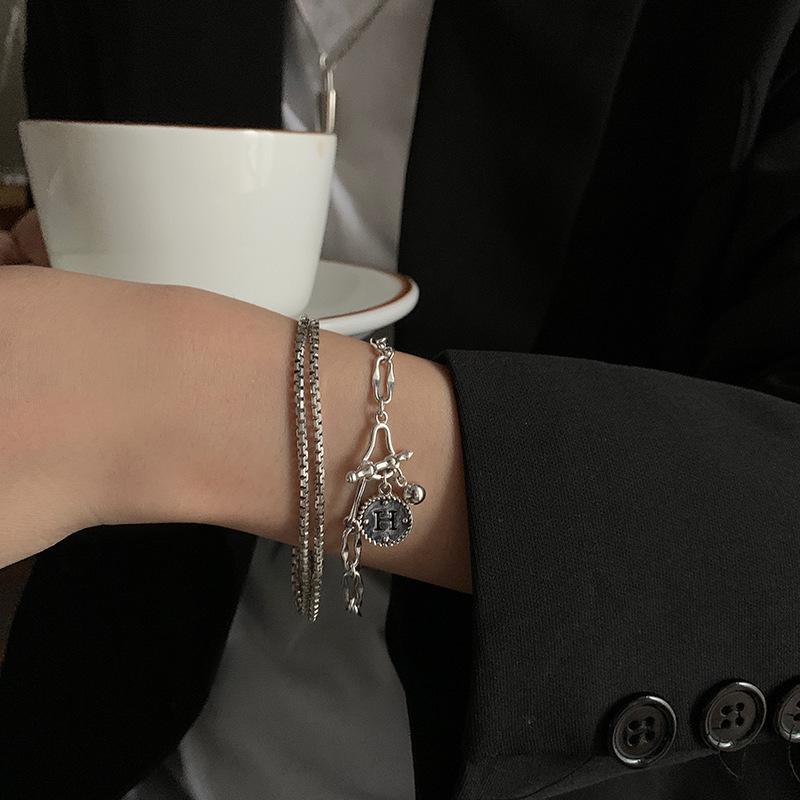 Korean Retro Round Bead Bracelet Women 925 Silver Letter H - Trendy Student Jewelry