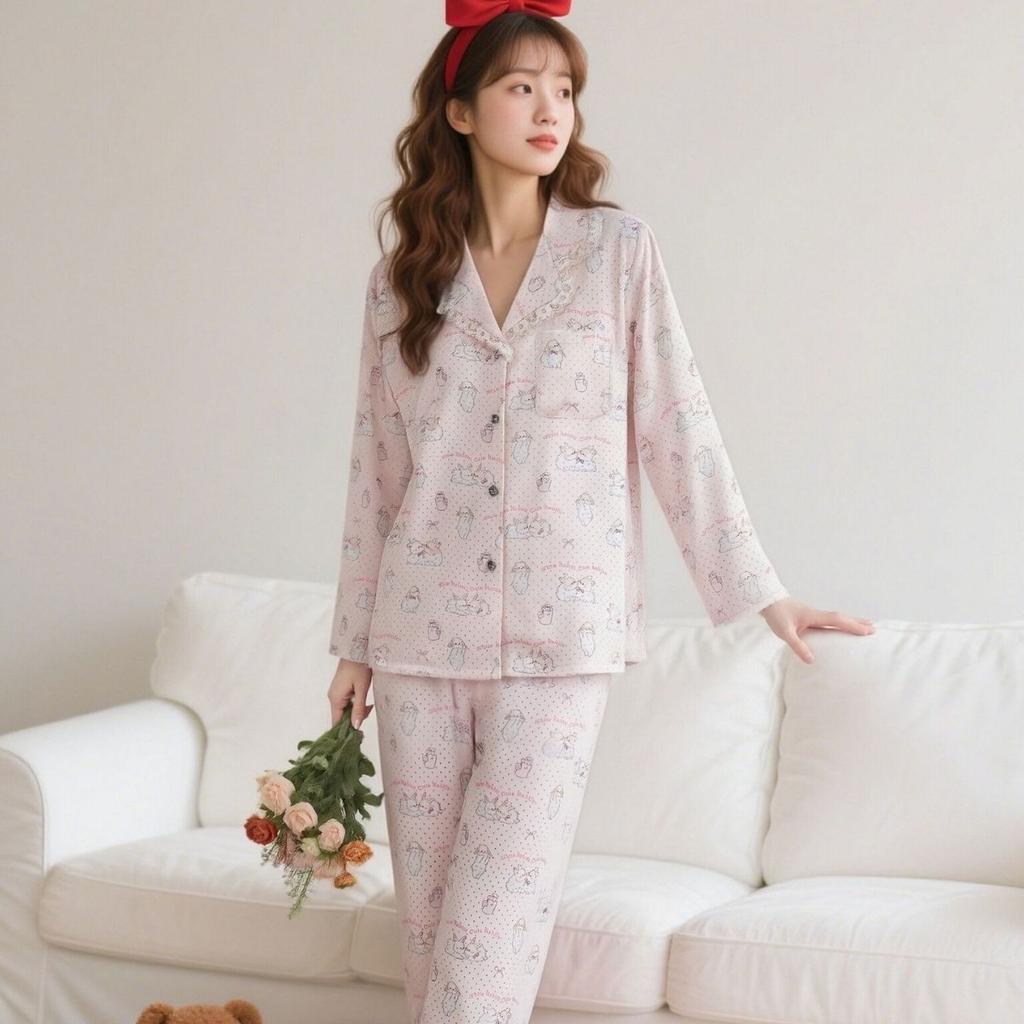 1011 Spring and Autumn New Ice Silk Pajamas Female Cartoon Sweet Wind Premium Cardigan Long Sleeve Thin Loungewear Set