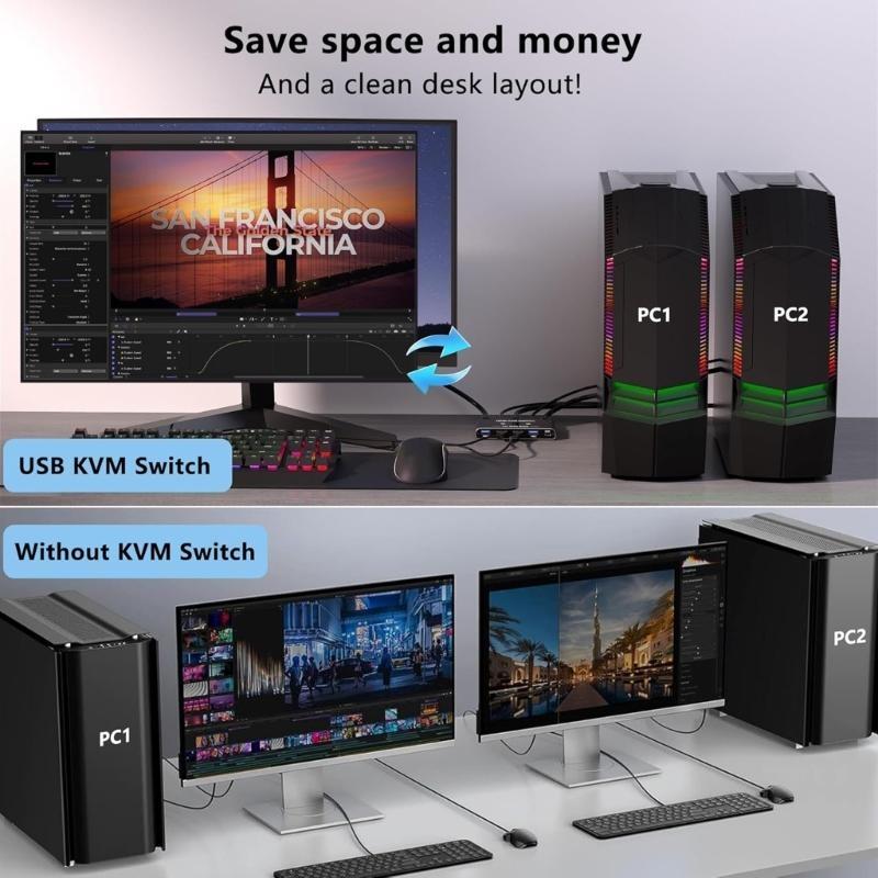 KVM Switcher HDTV-compatible 4K60Hz for Smooth Switching Between 2 Computers Sharing 1 Screen and USB3.0 Devices