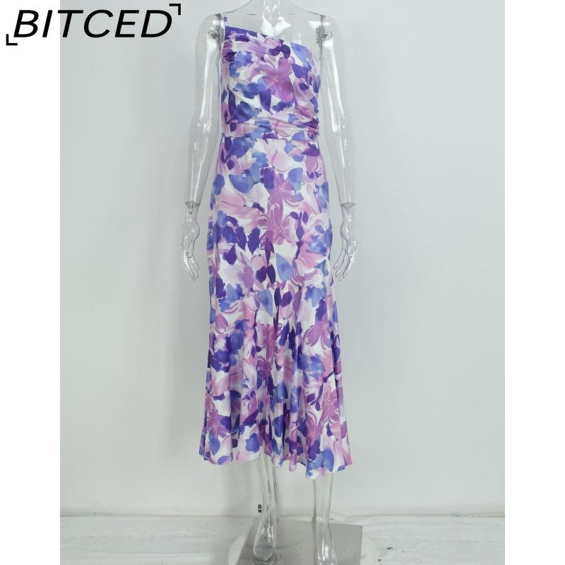BITCED Women's Commuter Dress: Minimalist, Elegant, and Stylish with a Slanted Neckline, Straps, and a Fishtail Print