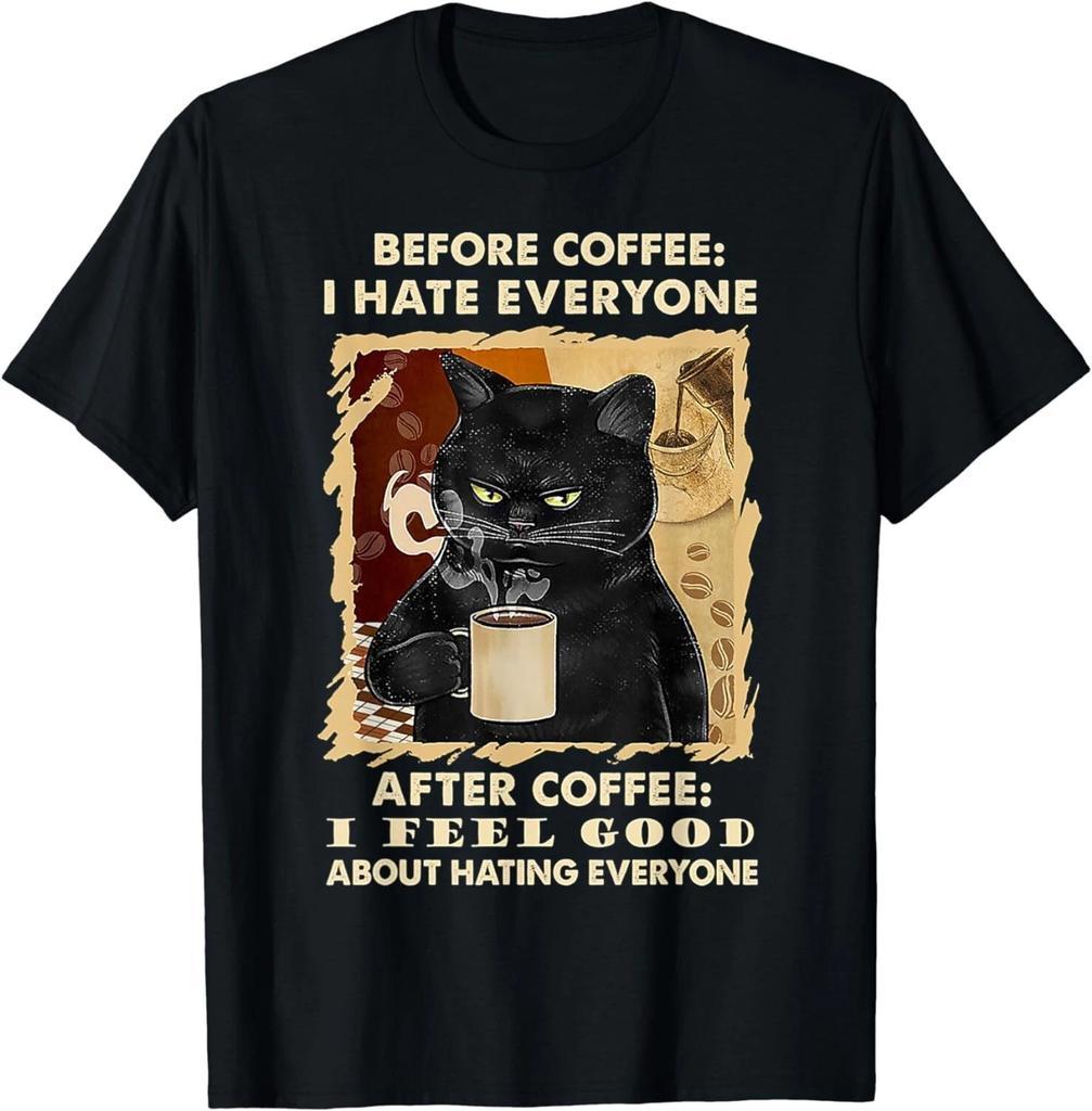 Prima del Caffè Odio Tutti Dopo il Caffè Gatto Nero Bere Regalo Maglietta