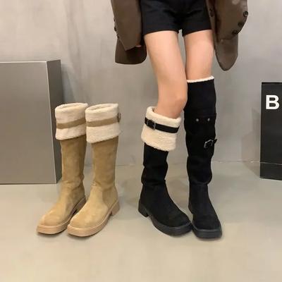 Modne buty zimowe na platformie damskie z imitacji futra modne kozaki za kolano nowe zimowe pluszowe ciepłe futrzane buty klamra pasek casualowe bawełniane buty