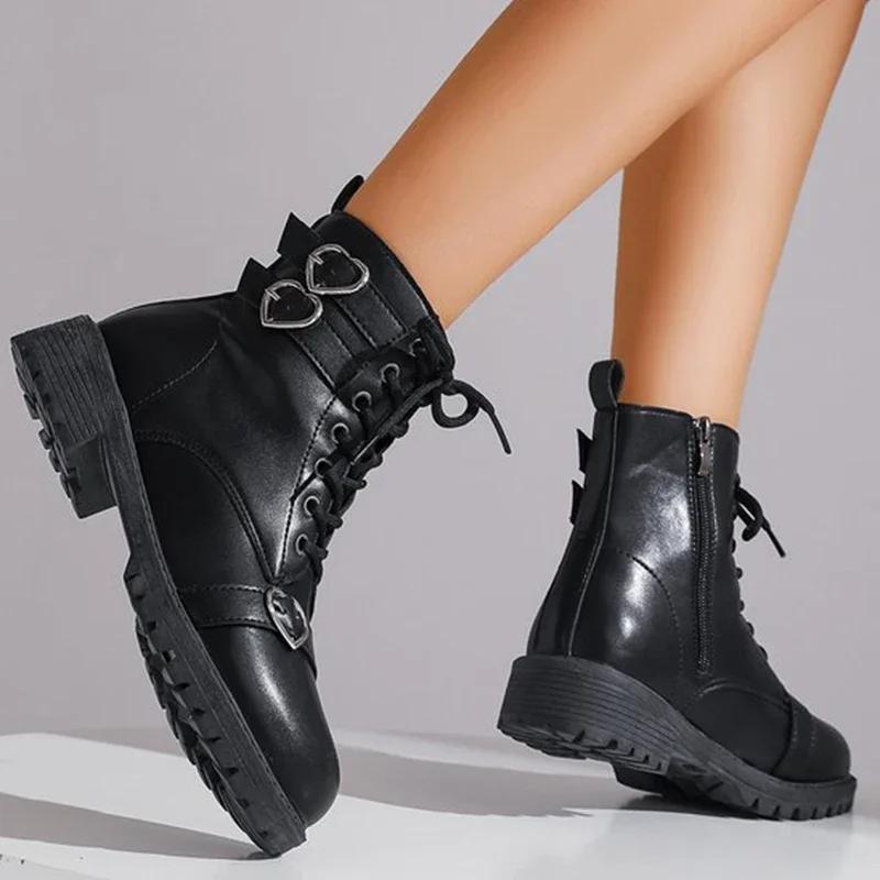 Fashion Women's Boots Metal Heart Buckle Ankle Boots for Woman Autumn Winter Lace Up Platform Short Boots Women Black Shoes Botas Mujer