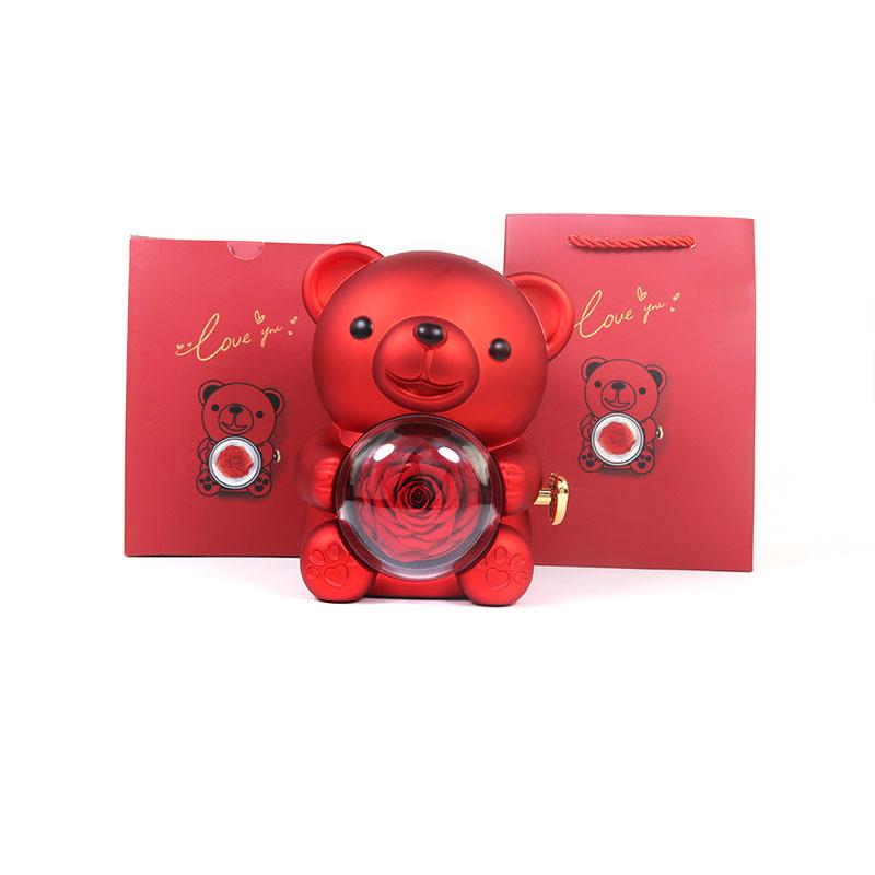 Eternal Rose Teddy Bear Necklace Ring Gifts Box Rotate Rose Jewelry Box Valentine Wedding Storage Gift Case for Women Girlfriend
