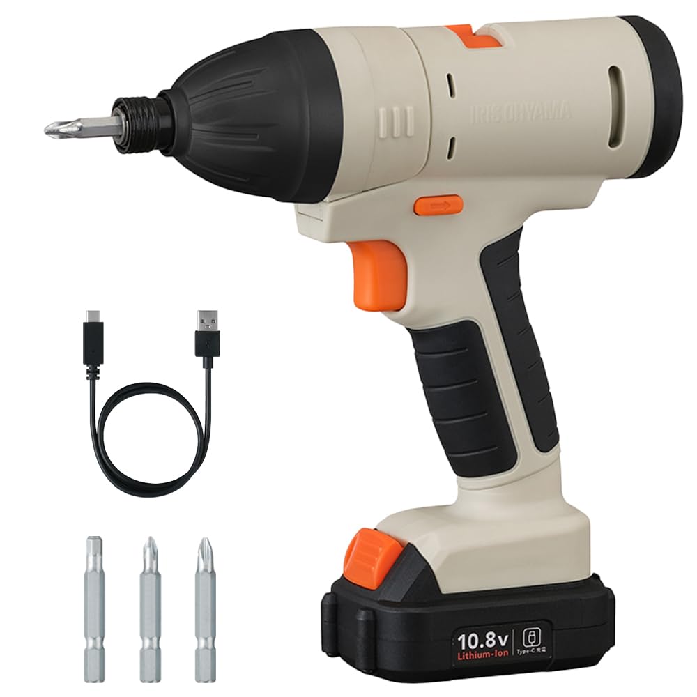 IRIS OHYAMA Rechargeable Impact Driver Set with No Charger Sand Beige 5-in-1 10.8V Multi-Gear Type-C Charging, Required, PJM10INS,