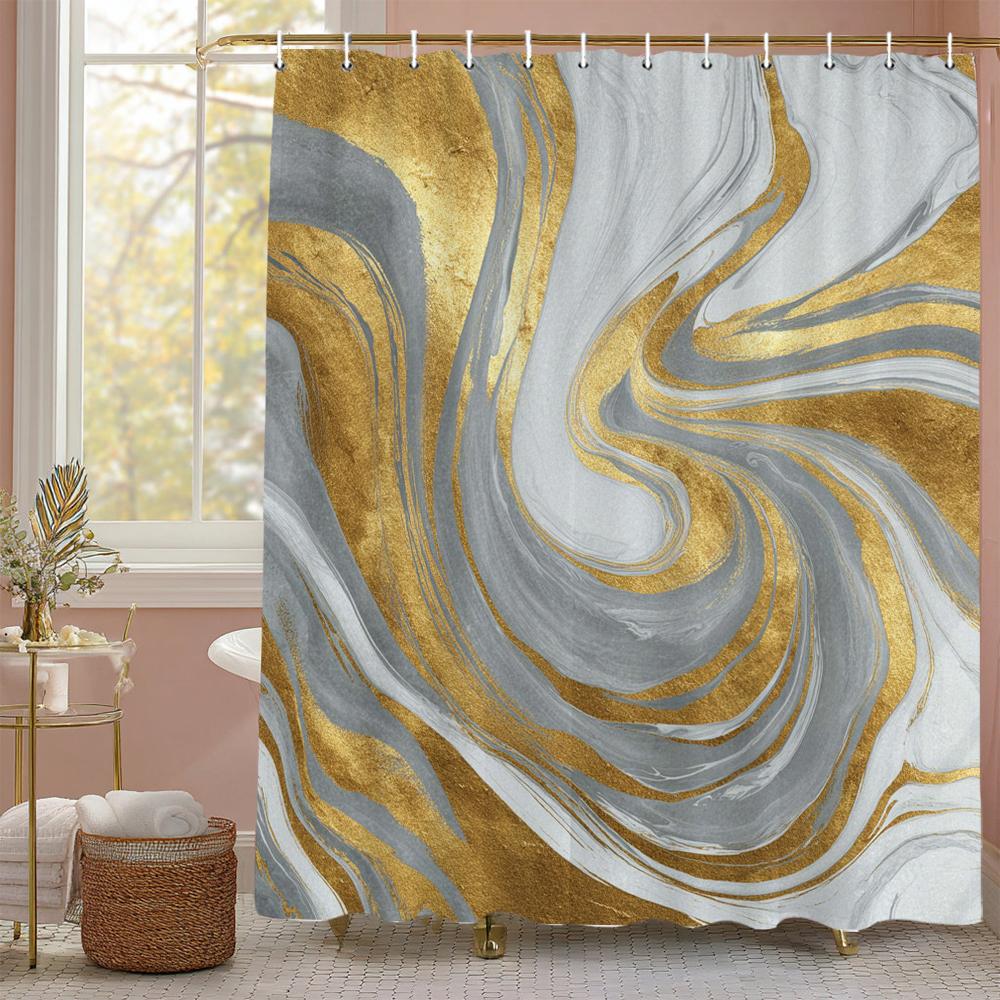 Abstract Ink Black Gold Gray Marbled Shower Curtain, Bathroom Decorative Shower Curtain, Waterproof Shower Curtain With Hooks