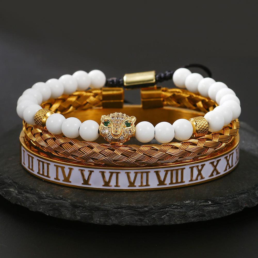 Mens And Womens Stainless Steel Skull Bracelets With Roman Numerals And Crown Motif