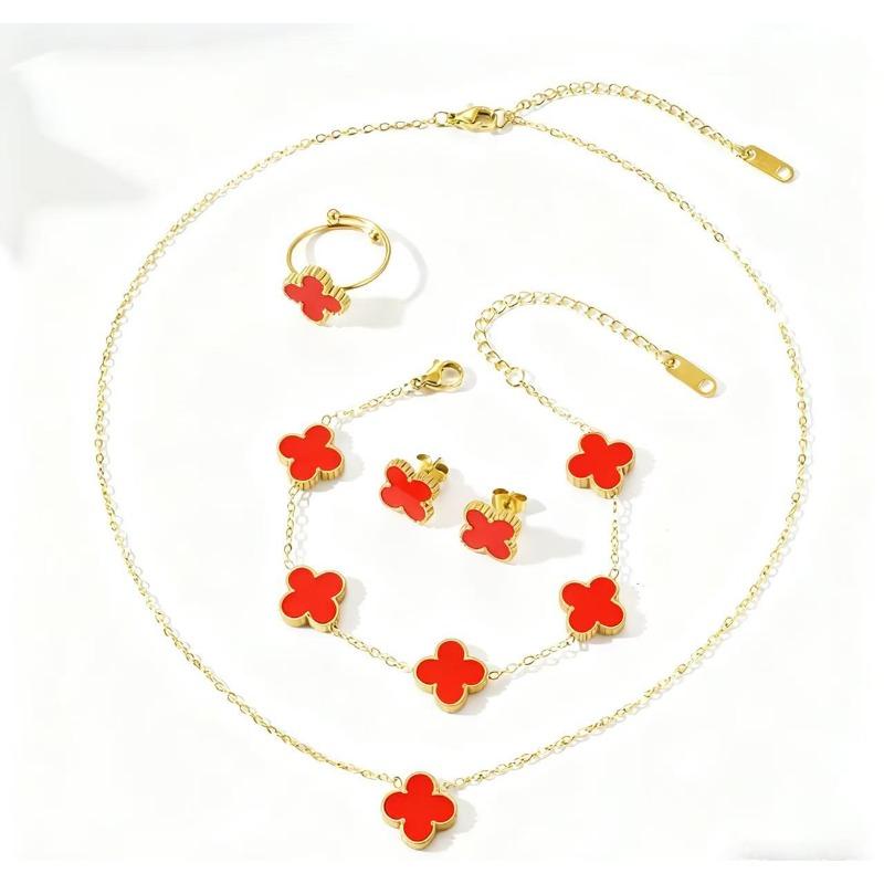 4PCS 13MM Double-Sided Smooth Mother-of-Pearl Four-Leaf Clover Set, Necklace, Bracelet, Earrings And Ring Set, Versatile Jewelry for Women