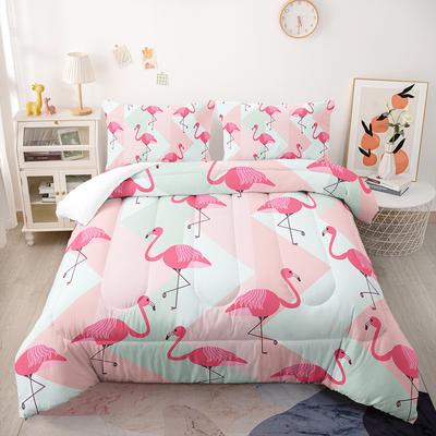 Cartoon Flamingo Bettbezug-Set, Tropische Blätter Bettdeckenbezug Palmenmuster Bettwäsche-Set, Bunter Polyester Steppdeckenbezug
