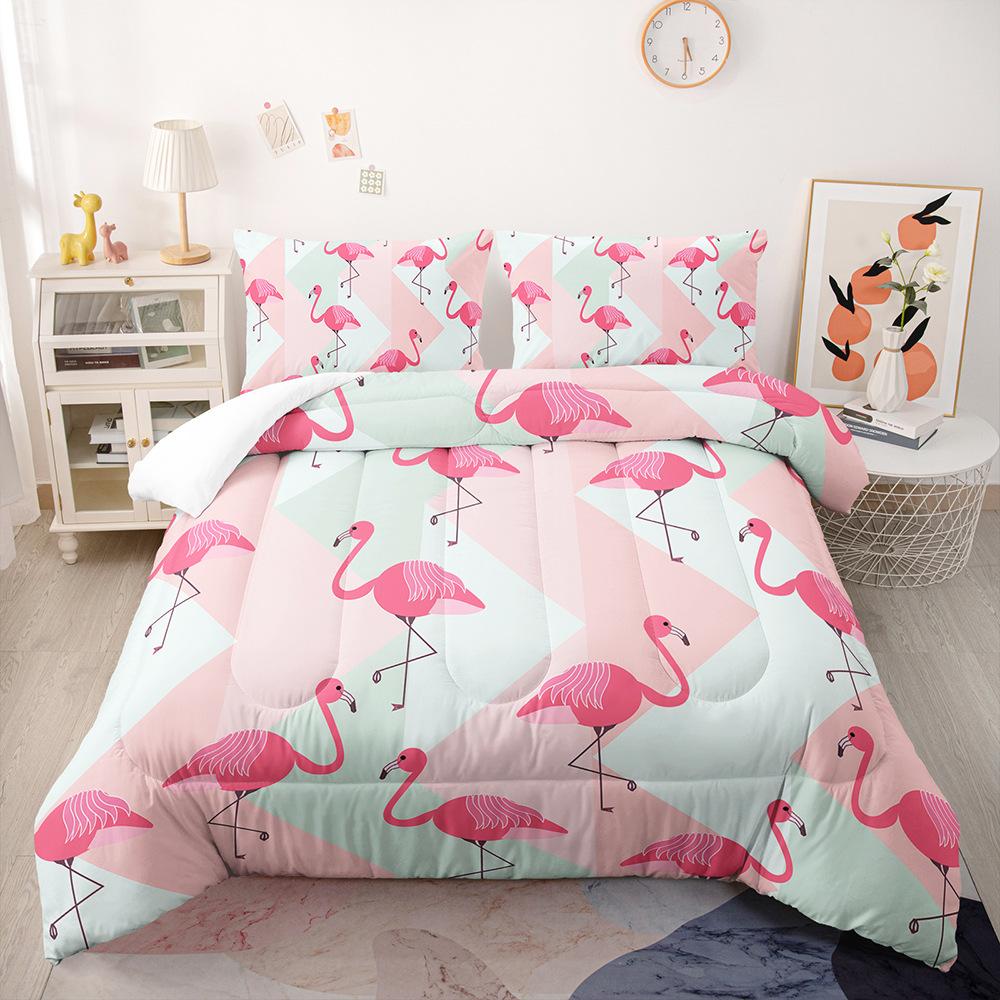 Cartoon Flamingo Duvet Cover Set, Tropical Leaves Comforter Cover Palm Tree Pattern Bedding Set, Colorful Polyester Quilt Cover