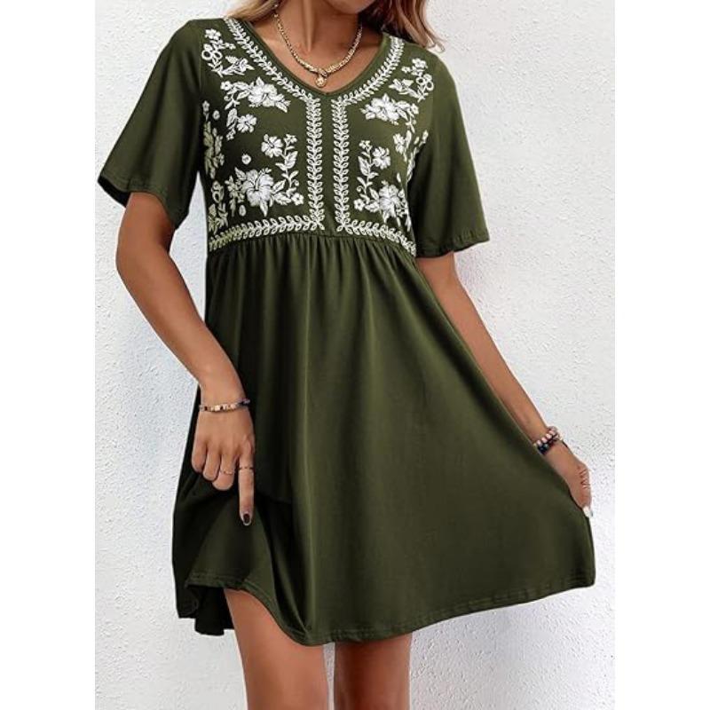 YYFS Women's Fashion Summer Spring Flower Pattern Print Short Sleeve V-Neck High Waist Casual Dresses