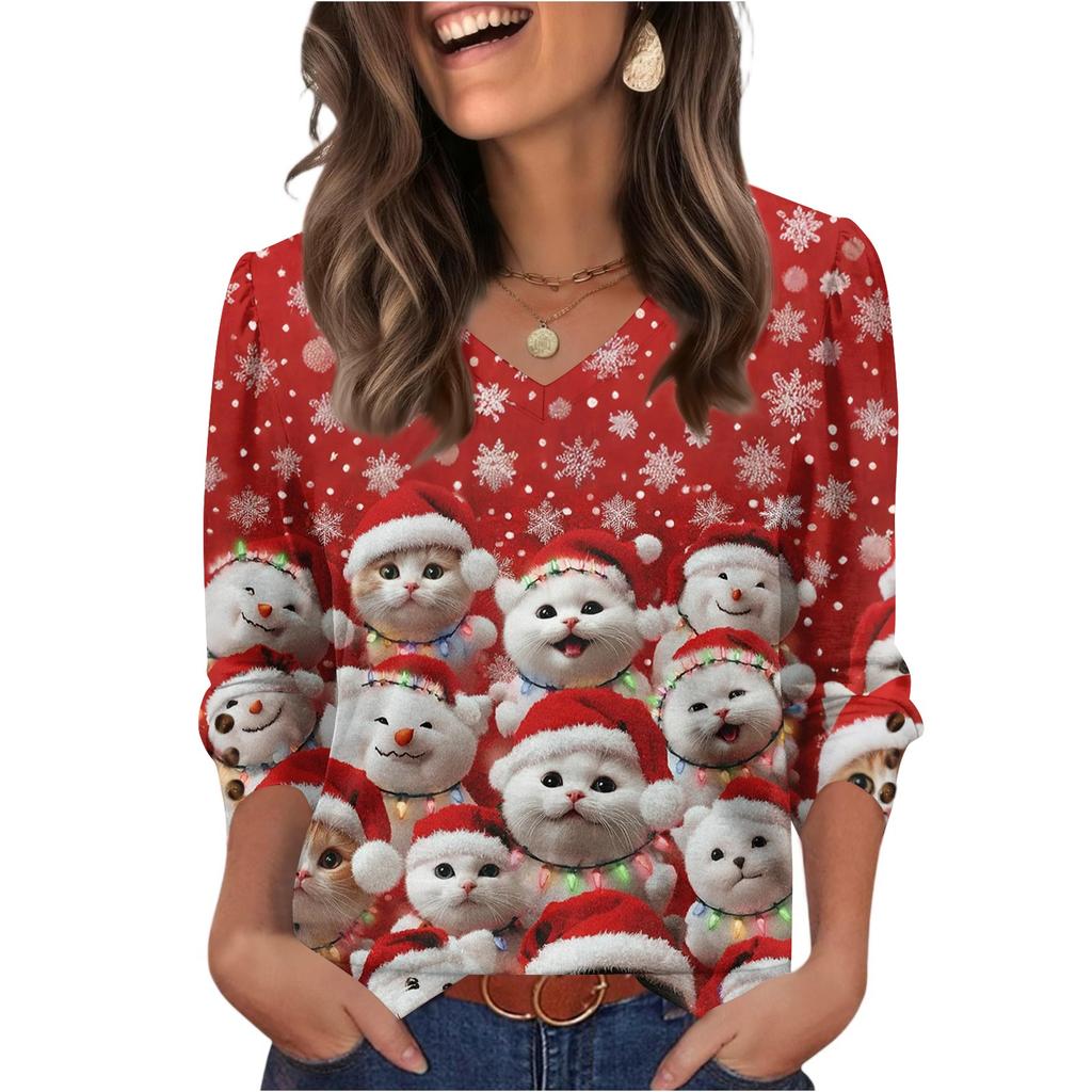 Women's Fashionable Casual Christmas Printed V-neck Top