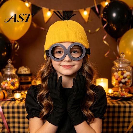Cosplay Costume Accessories Knit Hat Set, Retro Round Glasses Suspenders Gloves, Halloween Party Black Breathable Gloves Kit for Adults, Funny Themed