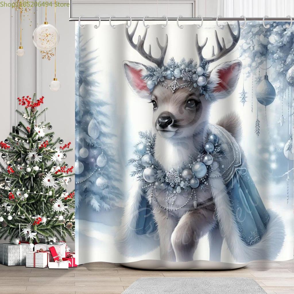 Christmas Tree Reindeer Bathing Curtain  Bathroom Shower Curtain Waterproof With 12 Hooks Fishes Home Deco Free Ship