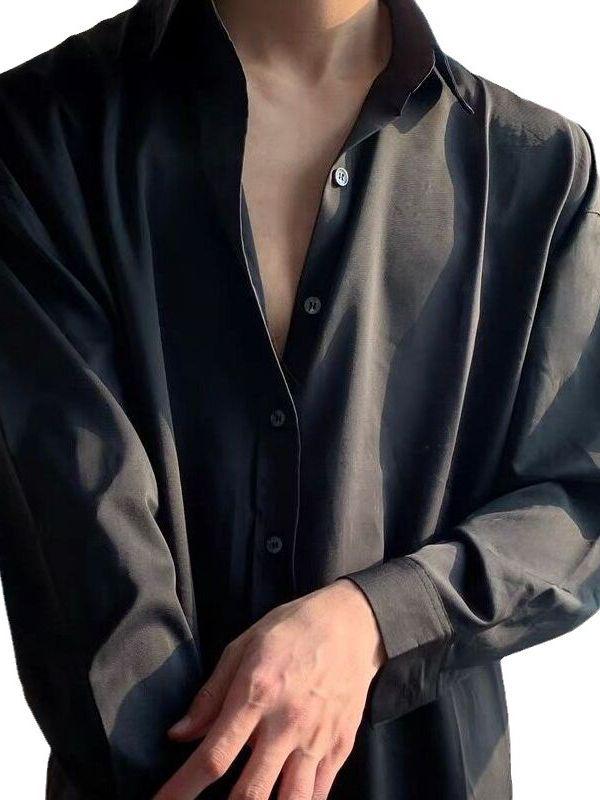 Men's Korean Style Loose Fit Ice Silk Shirt - White/Black, No Iron, Casual Drape