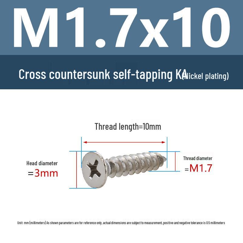 YiguYigu Nickel-Plated Phillips Flat Head Self-Tapping Screws M1-M5, Carbon Steel