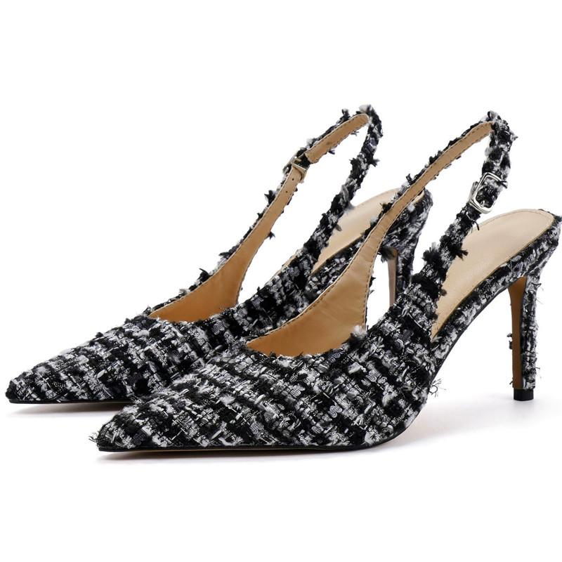 New Designer Costume Tweed High Heels Women Sexy Pointed Toe Back Strap Heeled Sandals Summer Elegant Party Wedding Women Pumps