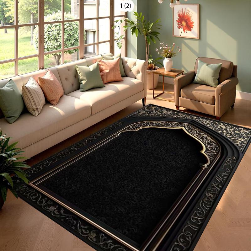 Blue Gold Lantern & Arabic Calligraphy Prayer Mat, Non-Slip Floor Mat for Living Room, Elegant Ramadan Decor Carpet Area Rug