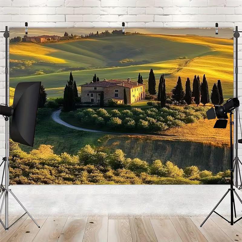 2D Tuscany Italy Countryside Wall Tapestry, Sunset Farmland Backdrop 47.2x31.5inch/120*80cm