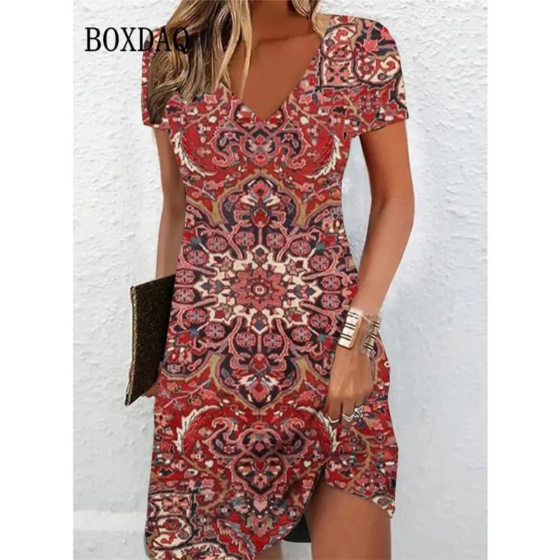 Vintage Women Midi Dresses For Ethnic Style Floral Print Loose Dress Plus Size Casual Short Sleeve Pullover V-Neck Dress