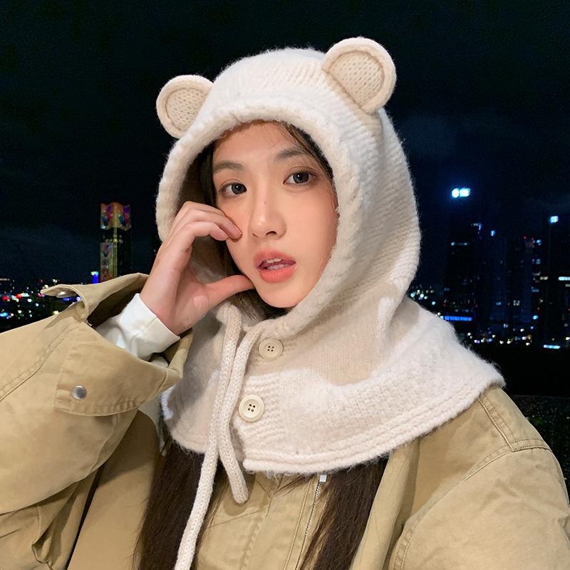 Sweet and Cute Bear Ear Wool Hat In Autumn and Winter Thickened Warm Scarf Integrated Hat Outdoor Cold Ear Protection Hat