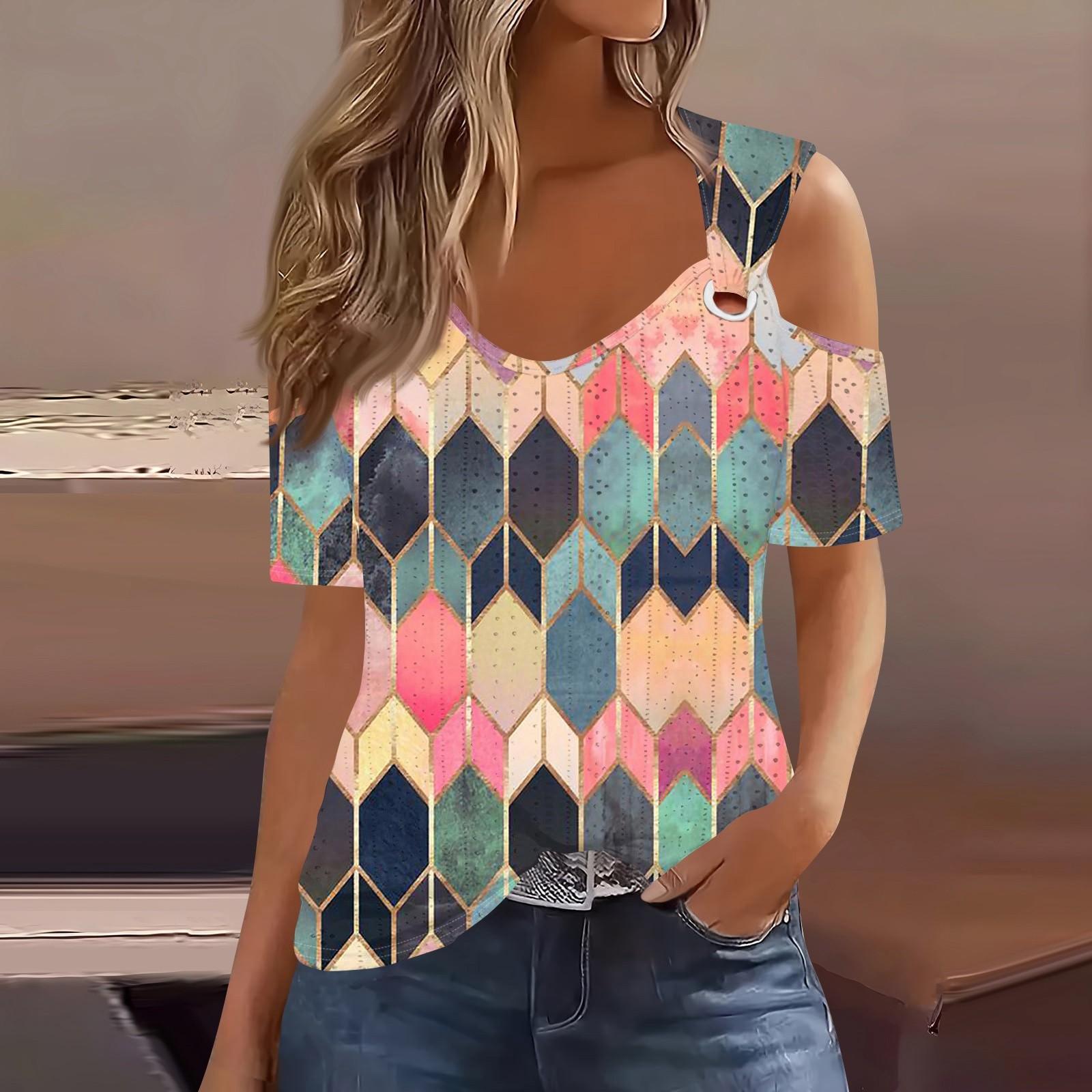 

Сексуальные топы Cold Sholuder для женщин, летняя блузка с коротким рукавом и вырезом, свободная футболка с V-образным вырезом, модные повседневные туники XXL