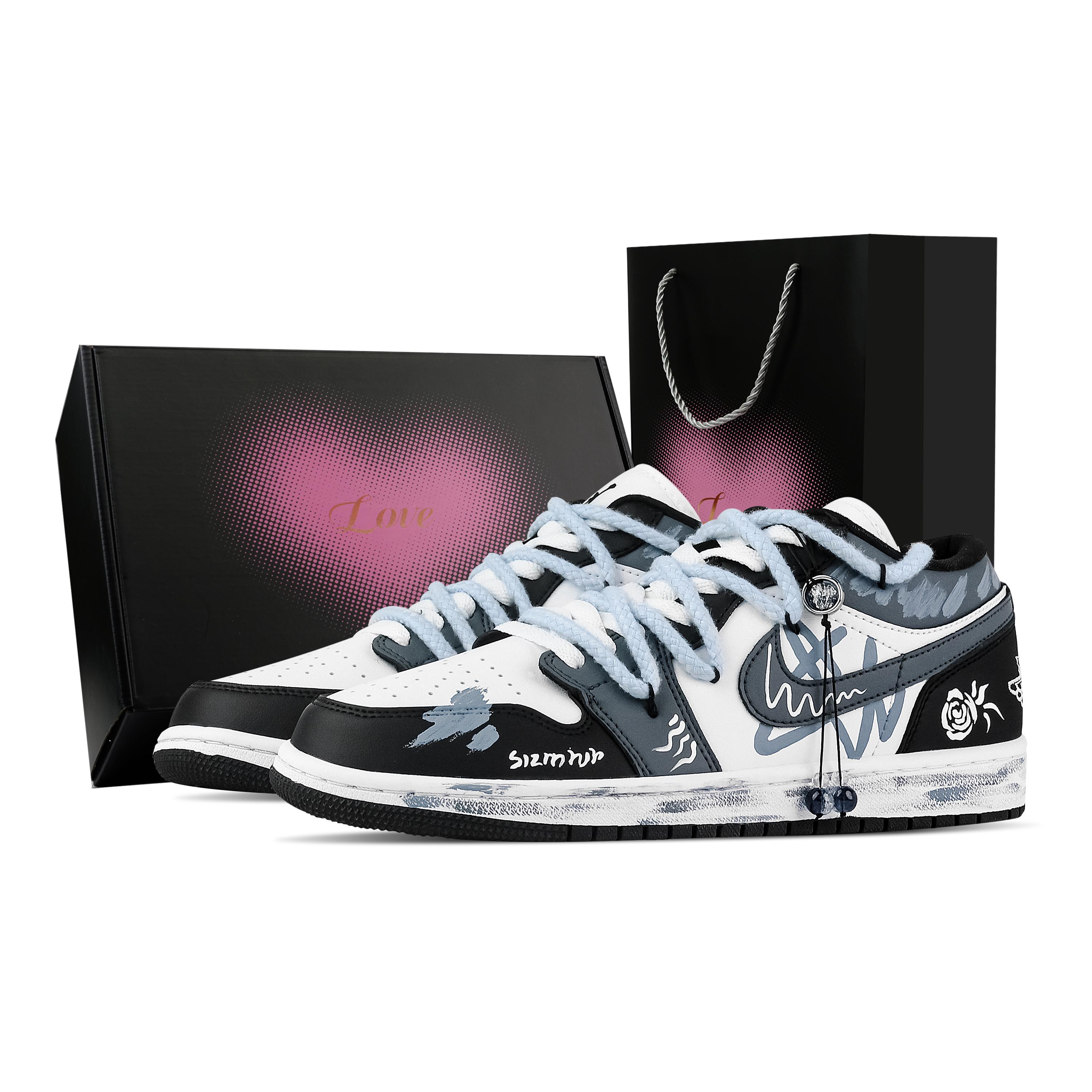 

Jordan Air Jordan 1 Rose, Heart Box Low top Vintage Basketball Shoes Unisex Black White Blue DC0774-101(Team773--) 42