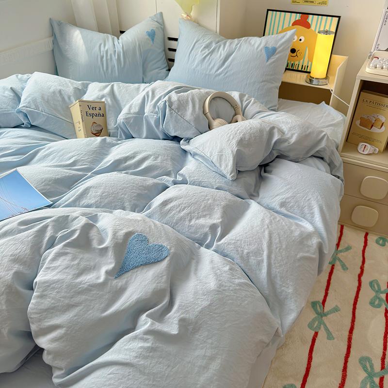 Cute Blue Heart Bedding Set Ins Nordic Embroidery Bed Sheet Set Of Four Pieces Home Luxury Duvet Cover Set For Girls