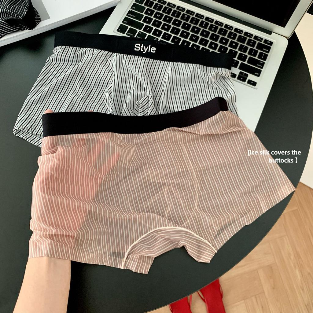 Men's Spring and Summer Striped Ice Silk Quick Dry Transparent 10A Antibacterial Mid Waist Flat Angle Briefs